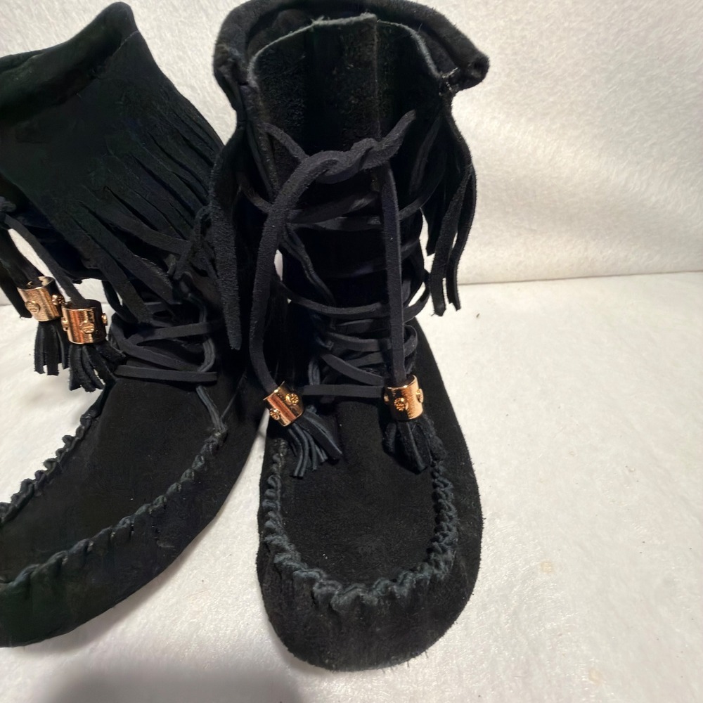 Tory Burch Black Suede Fringe Moccasin Boots Gold Logo Lace Up Ankle Booties- 7 - Picture 3 of 10